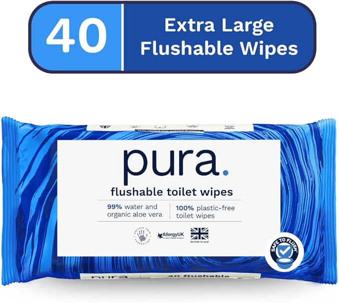 Pura Flushable Moist Toilet Tissue Wipes, 1 Pack of 40 Wet Wipes, 100% Plastic Free, 99% Water Clean Washlets, Certified 'Fine to Flush' Biodegradable, Compostable, Vegan, Gentle Clean