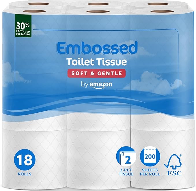 Toilet Roll, 2-Ply Embossed, Soft and Gentle, 18 Rolls (Pack of 1), 200 Sheets per Roll, FSC