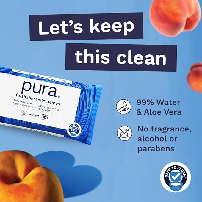 Pura Flushable Moist Toilet Tissue Wipes, 1 Pack of 40 Wet Wipes, 100% Plastic Free, 99% Water Clean Washlets, Certified 'Fine to Flush' Biodegradable, Compostable, Vegan, Gentle Clean
