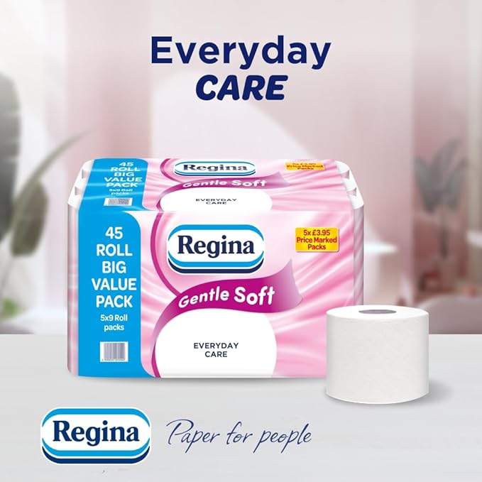 Regina Gentle Soft Toilet Tissue - 45 Rolls of 3 Ply Toilet Paper, 160 Sheets, Soft and Gentle, 30% PCR Plastic Packaging, FSC Certificated