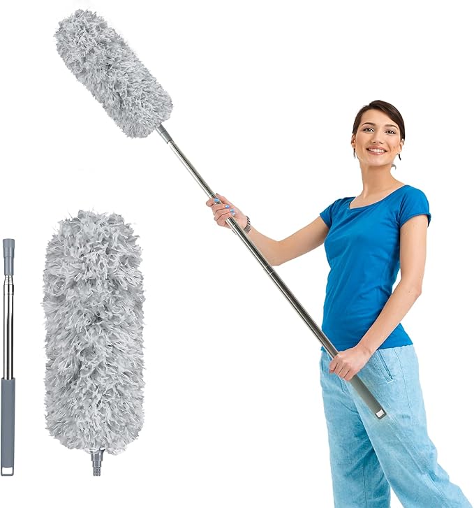 Fogray Extendable Feather Duster, Bendable Microfiber Long Handled with Extra Telescopic Extending Pole and Soft Silicone Cap, Washable Duster for Cleaning Roof, High Ceiling Fan, Blinds, Cobweb