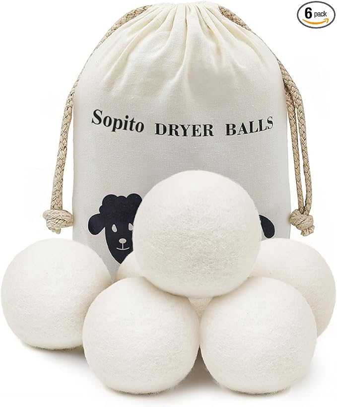 Tumble Dryer Balls, Sopito 6pcs XL Wool Dryer Balls for Laundry to Reduce Drying Time, Wrinkles and Static, Soften Fabric, Reduce Tangle and Make Clothes Fluffy, with Premium Natural Wool