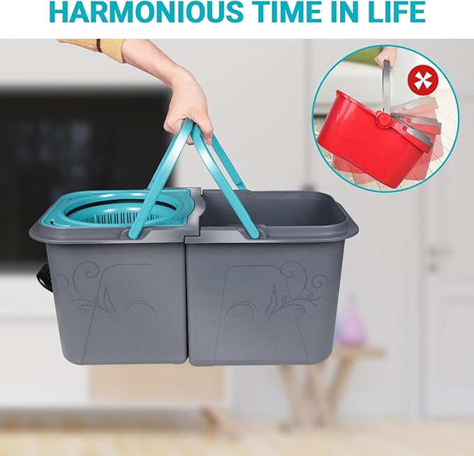MASTERTOP Spin Mop and Bucket Set, Microfibre Mops with Wringer Bucket and Stainless Steel Handle, Foot Pedal Spin Mop for Cleaning Hardwood Tile Marble Laminate Floors, Send 6 Washable Pads