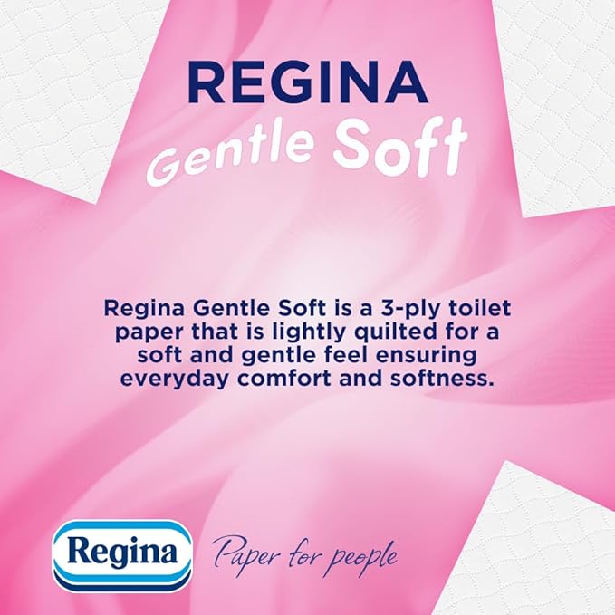 Regina Gentle Soft Toilet Tissue - 45 Rolls of 3 Ply Toilet Paper, 160 Sheets, Soft and Gentle, 30% PCR Plastic Packaging, FSC Certificated