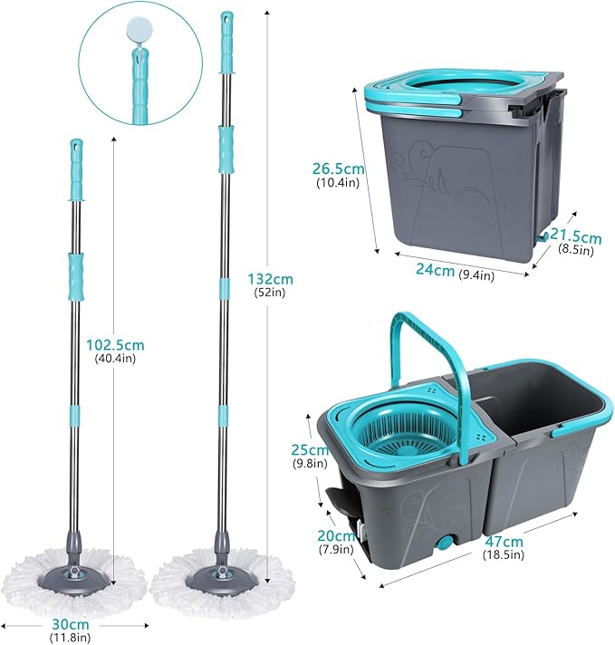 MASTERTOP Spin Mop and Bucket Set, Microfibre Mops with Wringer Bucket and Stainless Steel Handle, Foot Pedal Spin Mop for Cleaning Hardwood Tile Marble Laminate Floors, Send 6 Washable Pads