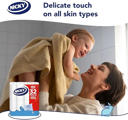 Nicky Soft Touch Toilet Tissue |Extra Value Pack – 32 Rolls of Extra Gentle White Toilet Paper |190 Sheets per Roll| 2-ply | Soft Tissue | Modern Embossing |Easy Opening | 100% FSC Certified Paper
