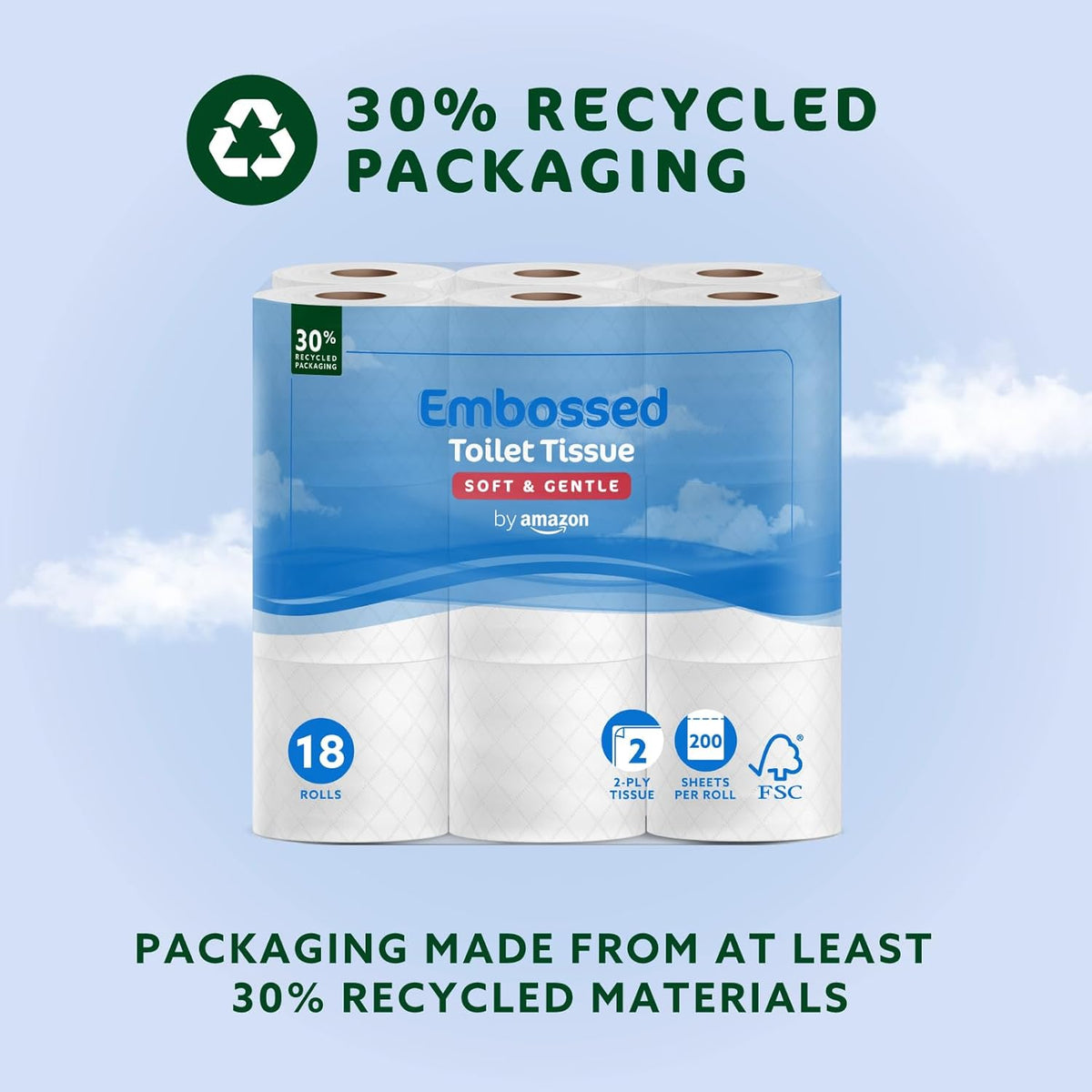 Toilet Roll, 2-Ply Embossed, Soft and Gentle, 18 Rolls (Pack of 1), 200 Sheets per Roll, FSC