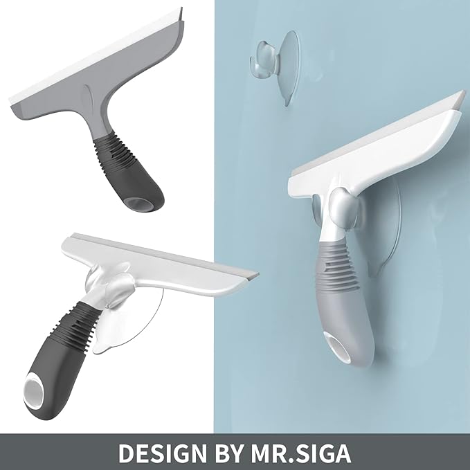 MR.SIGA Multi-Purpose Silicon Squeegee for Window, Glass, Shower Door, Car Windshield, Heavy Duty Window Scrubber, Includes Suction Hook, 10 inch, White & Grey, 2 Pack