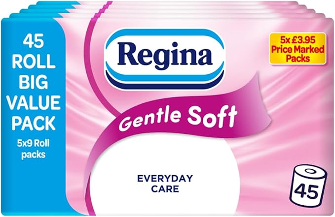 Regina Gentle Soft Toilet Tissue - 45 Rolls of 3 Ply Toilet Paper, 160 Sheets, Soft and Gentle, 30% PCR Plastic Packaging, FSC Certificated