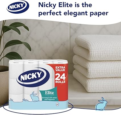 Nicky Elite Scented Toilet Tissue - 24 Rolls of White Toilet Paper, 3-ply, Talc Scent, Softness to The Skin, Enriched with Lotion, 100% FSC Certified Paper, Extra Value Pack