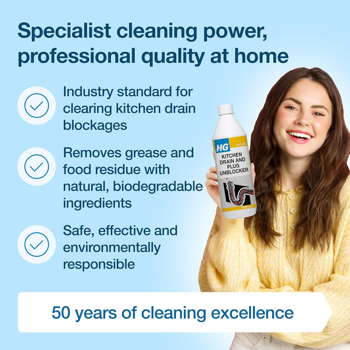 HG Kitchen Drain & Plug Unblocker, Natural, Heavy Duty, Kitchen Sink Unblocker & Cleaner for Pipes, Septic Tank Safe - 1 Litre