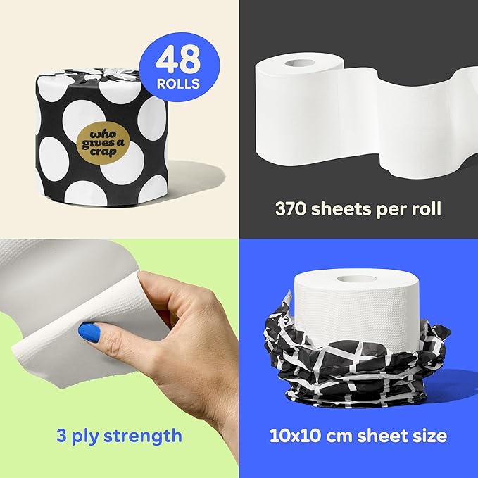 Who Gives A Crap – Premium Bamboo, Twice as Long, Toilet Roll, Box of 24 (3-Ply, 370 Sheets) Luxuriously Soft, Strong, Sustainable, Biodegradable & Plastic-Free