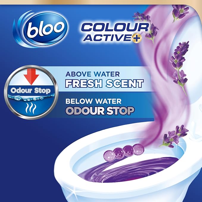 Bloo Colour Active Toilet Rim Block Lavender with Anti-Limescale, Cleaning Foam, Dirt Protection and Extra Freshness - 2 x Rimblocks, purple