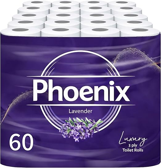 Phoenix Toilet Rolls – 60 Pack | 3 Ply Lavender Scented Toilet Paper | Bulk Buy, Soft, Quilted, Sustainably Sourced, Eco- Friendly Luxury Bathroom Tissue
