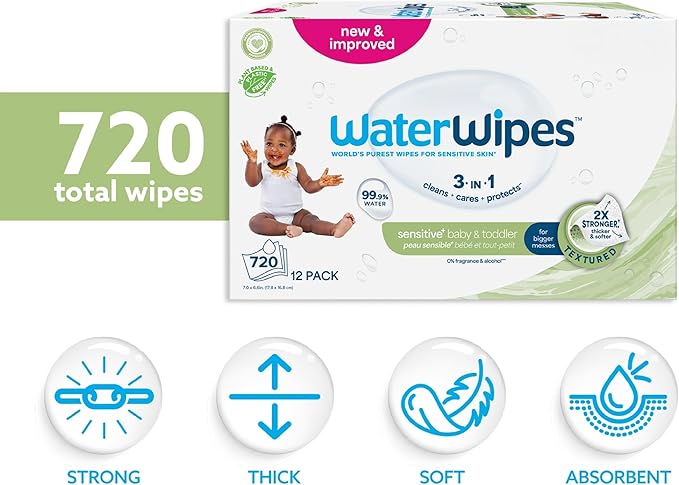 WaterWipes Sensitive+ Baby & Toddler Wipes, 720 Count (12 Packs), 3-In-1 Cleans, Cares, Protects, 99.9% Water, Textured Clean, Unscented