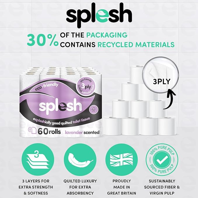 Splesh by Cusheen 3-ply Toilet Roll - Lavender Fragrance (60 Pack) Soft, Quilted Bulk Toilet Rolls, Toilet Tissue and Loo Rolls – Eco-Friendly Toilet Paper Sustainably Crafted in The UK
