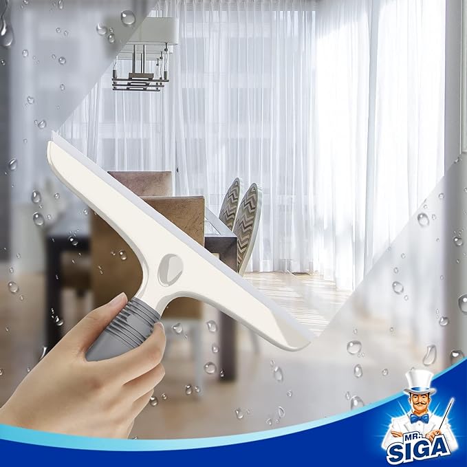 MR.SIGA Multi-Purpose Silicon Squeegee for Window, Glass, Shower Door, Car Windshield, Heavy Duty Window Scrubber, Includes Suction Hook, 10 inch, White & Grey, 2 Pack