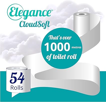 Elegance Cloud Soft Toilet Roll - Bulk Buy Pack of 54 Rolls - Soft, 2-Ply, Recycled, Eco-Friendly, UK Manufactured