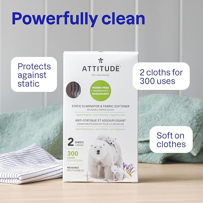 ATTITUDE Reusable Dryer Sheets, Static Eliminator & Fabric Softener, Fragrance-Free Laundry, 300 Loads, 2 Sheets (1 Pack)