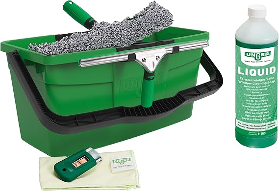 UNGER Window Cleaning Kit PRO Set - Power Washer Sleeve, ErgoTec Squeegee, Bucket 12L, Liquid Glass Cleaner 1L, Safety Glass Scraper, Microfibre Cloth - Professional Window Cleaner Equipment