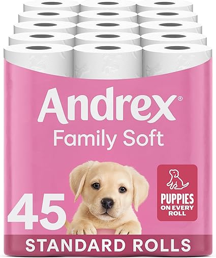Andrex Family Soft Toilet Tissue 45 Rolls (Previously Andrex Gentle Clean) Gentle on your Family's skin– Bulk Pack of 45 Toilet Rolls, FSC Certified