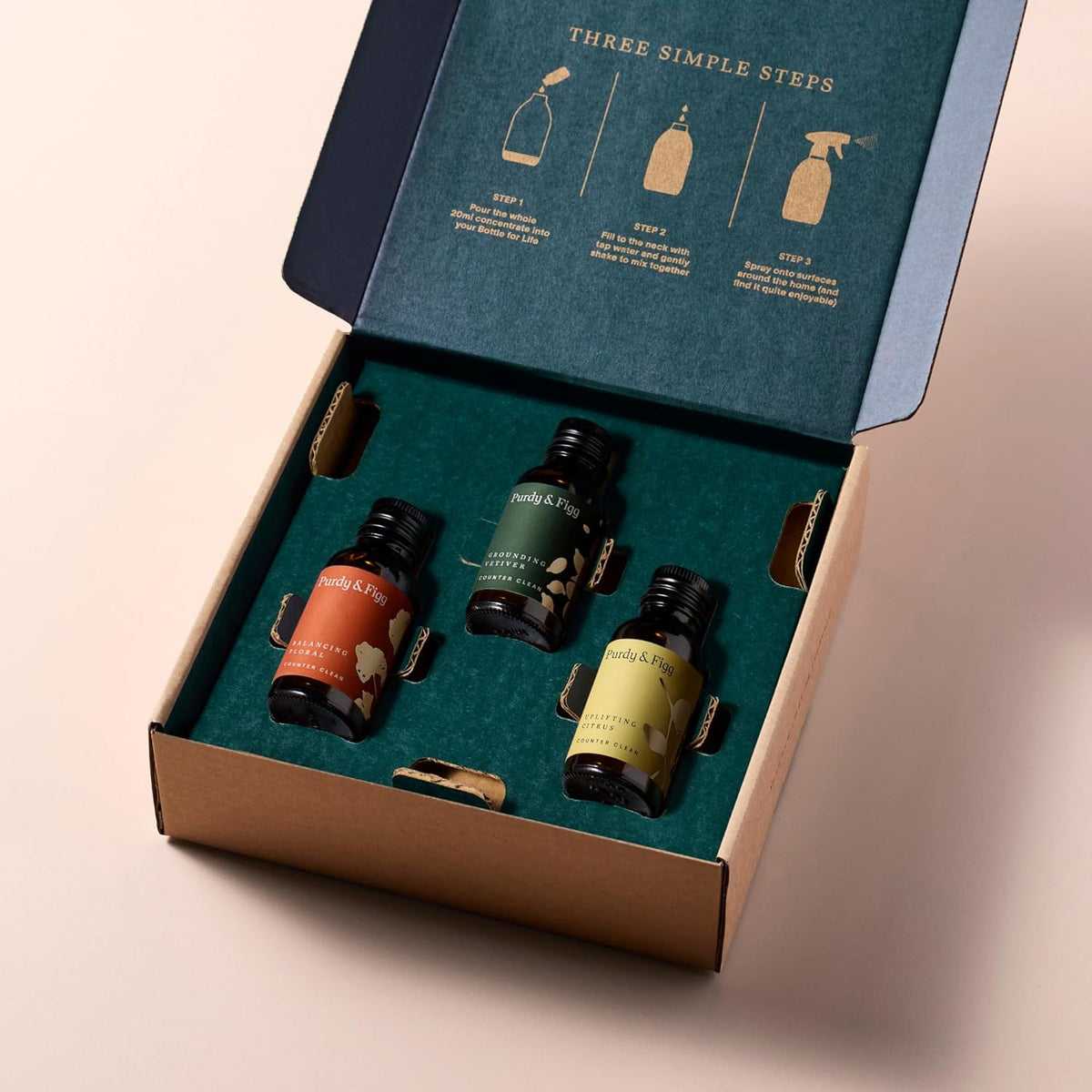 Purdy & Figg | Counter Clean Mixed Refill Kit | All-Purpose Cleaning Spray with Organic Essential Oils | Natural & Non-Toxic | Home & Kitchen Countertops | Citrus/Floral/Vetiver Scents