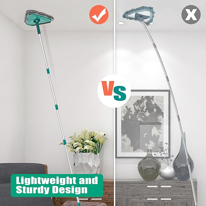 JEHONN 200CM Wall Cleaning Mop with Long Handle, 3-in-1 Ceiling Cleaner Tool Duster with 6 Replacement Microfiber Chenille Pads for Painted Walls, Window, Floor, Baseboard (Green)