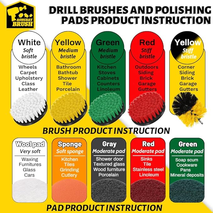 Aongray Drill Brush Attachment Set, 22pcs 1/4in Power Cleaning Brush with Scrub Pads + Extend Long Attachment, Scrubbing Brush for Cleaning Bathroom, Tile, Carpet, Grout, Car Wheels, Kitchen