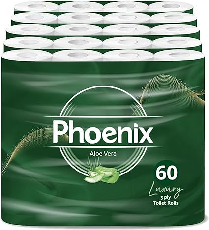 Phoenix Toilet Rolls – 60 Pack | 3 Ply Aloe Vera Scented Toilet Paper | Bulk Buy, Soft, Quilted, Sustainably Sourced, Eco- Friendly Luxury Bathroom Tissue