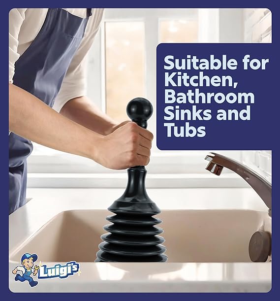 Luigi's Sink and Drain Plunger for Bathrooms, Kitchens, Sinks, Baths and Showers - Powerful Unblocker Tools - Accordion Plungers to Clear and Unblock Blocked Drains - Black