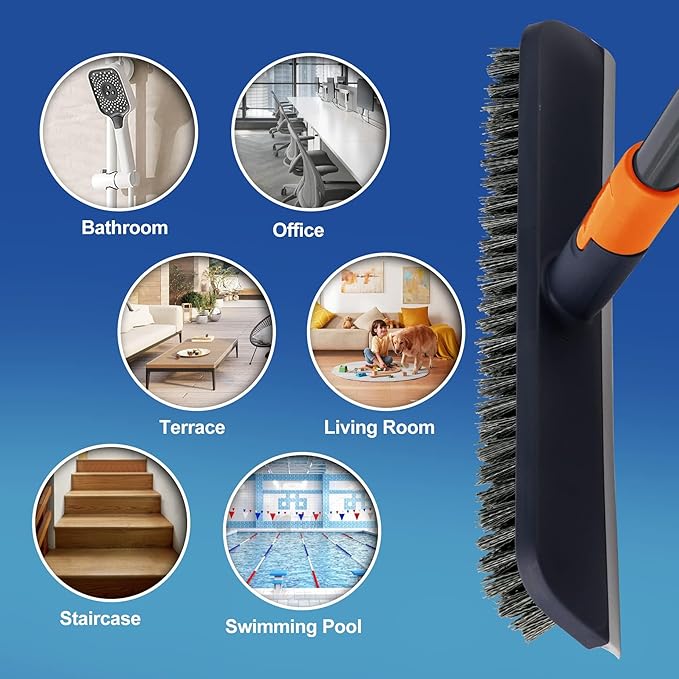 CLEANHOME Floor Scrubbing Brush with Squeegee/Handle,2-1 Bathroom Tile Cleaning Brush.Suitable for Cleaning Floors, Corner Gap, Patios,Indoor,Living Rooms, Swimming Pool .etc.