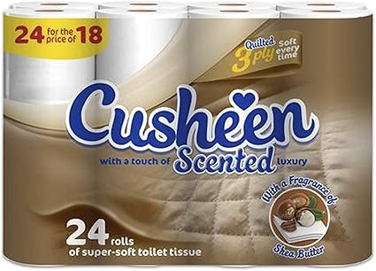 Cusheen by Splesh Toilet Roll Bulk Buy - Pack of 48 Rolls (2 x 24 packs) Quilted White 3 Ply Shea Butter Fragrance Toilet Rolls