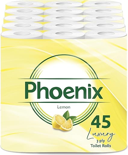 Phoenix Toilet Rolls – 45 Pack | 3 Ply Lemon Scented Toilet Paper | Bulk Buy, Soft, Quilted, Sustainably Sourced, Eco- Friendly Luxury Bathroom Tissue