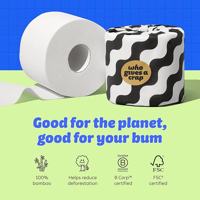 Who Gives A Crap – Premium Bamboo, Twice as Long, Toilet Roll, Box of 24 (3-Ply, 370 Sheets) Luxuriously Soft, Strong, Sustainable, Biodegradable & Plastic-Free