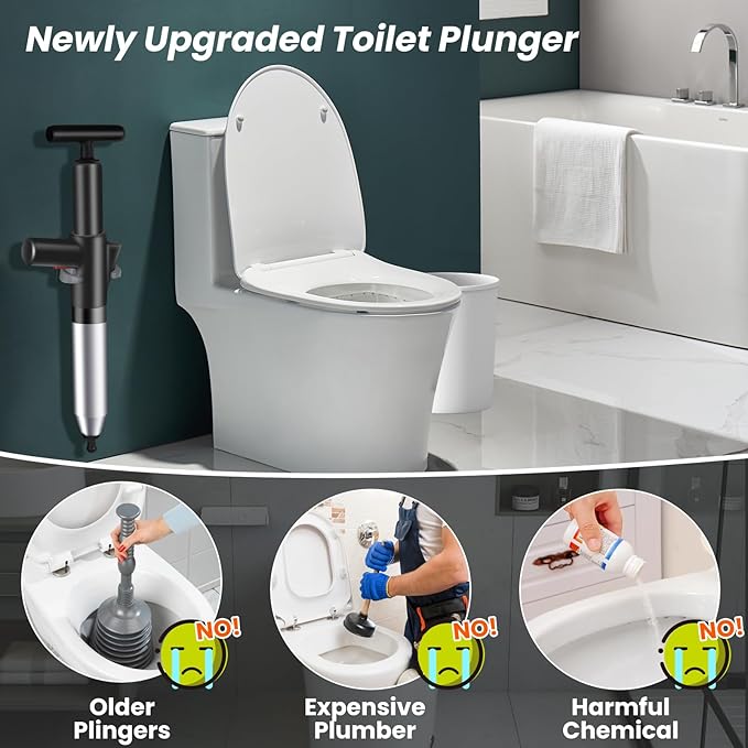 LightingWill High Pressure Toilet Plunger Set, Toilet Unblocker Heavy Duty with A Holder and 4 Replaceable Heads, Toilet Unblocker Tools for Unblocking Toilet Bathtub Shower Floor Drain and Pipe Clog