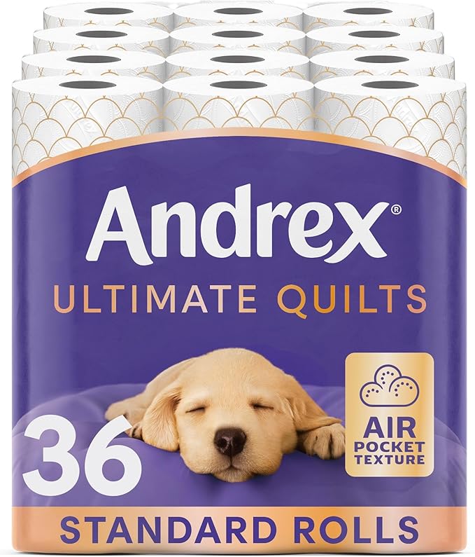 Andrex Ultimate Quilts Toilet Tissue 36 Rolls, Air Pocket Technology for Soft, Thick Sheets - Bulk Pack of 36 Quilted Toilet Rolls, FSC Certified