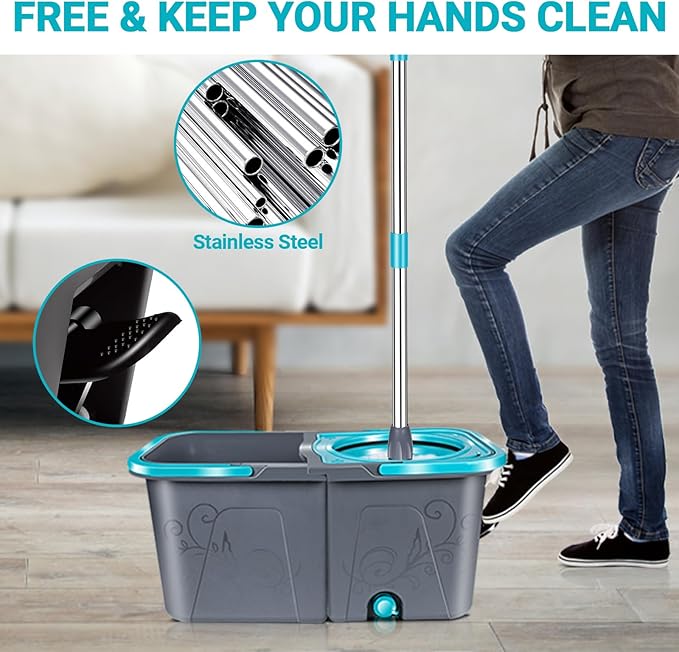 MASTERTOP Spin Mop and Bucket Set, Microfibre Mops with Wringer Bucket and Stainless Steel Handle, Foot Pedal Spin Mop for Cleaning Hardwood Tile Marble Laminate Floors, Send 6 Washable Pads