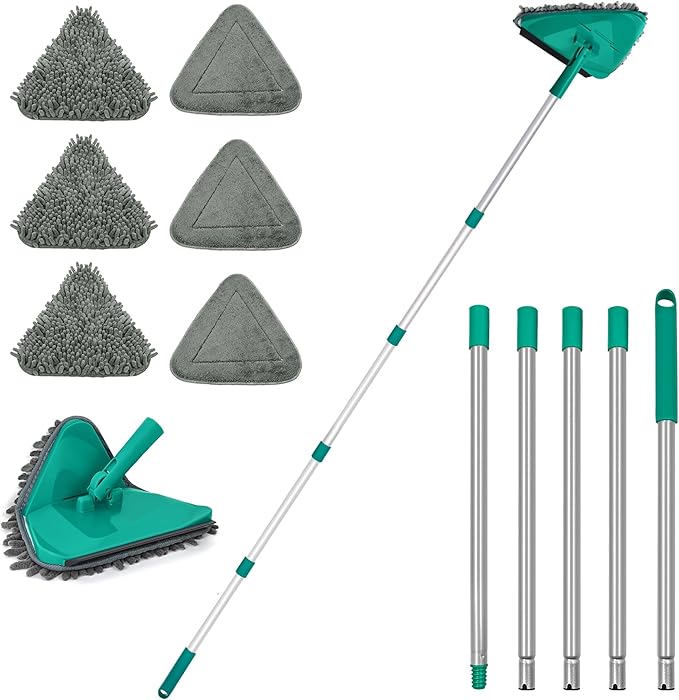JEHONN 200CM Wall Cleaning Mop with Long Handle, 3-in-1 Ceiling Cleaner Tool Duster with 6 Replacement Microfiber Chenille Pads for Painted Walls, Window, Floor, Baseboard (Green)
