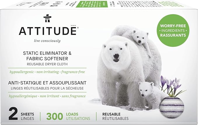 ATTITUDE Reusable Dryer Sheets, Static Eliminator & Fabric Softener, Fragrance-Free Laundry, 300 Loads, 2 Sheets (1 Pack)