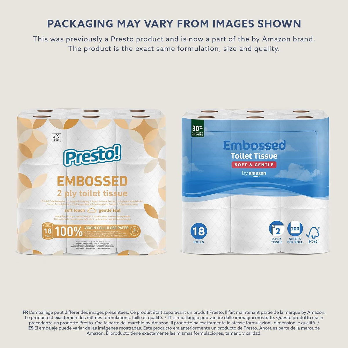 Toilet Roll, 2-Ply Embossed, Soft and Gentle, 18 Rolls (Pack of 1), 200 Sheets per Roll, FSC
