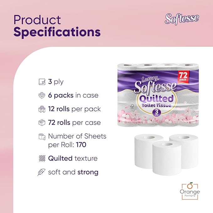 Softesse Toilet Paper 60 Rolls, 3 Ply Toilet Rolls Bulk Buy, Luxuriously Soft, Gentle and Hypoallergenic Sustainable Toilet Rolls - Quilted Toilet Roll for Your Family - Dermatologically Tested (60)
