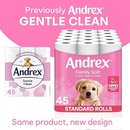 Andrex Family Soft Toilet Tissue 45 Rolls (Previously Andrex Gentle Clean) Gentle on your Family's skin– Bulk Pack of 45 Toilet Rolls, FSC Certified