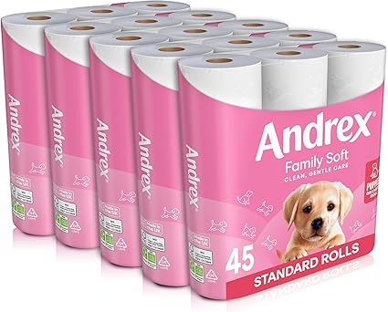 Andrex Family Soft Toilet Tissue 45 Rolls (Previously Andrex Gentle Clean) Gentle on your Family's skin– Bulk Pack of 45 Toilet Rolls, FSC Certified