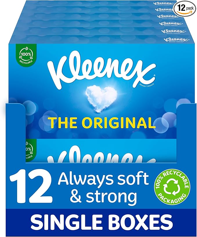 Kleenex Original Facial Tissues - Pack of 12 Tissue Boxes - Soft Tissues for Everyday Use - Gentle on Your Family's Skin with a Touch of Cotton
