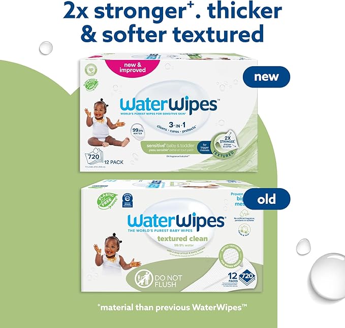 WaterWipes Sensitive+ Baby & Toddler Wipes, 720 Count (12 Packs), 3-In-1 Cleans, Cares, Protects, 99.9% Water, Textured Clean, Unscented