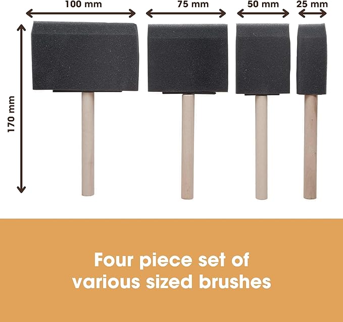 Foam Brushes for Applying Dye, Paint, Stain, Varnish and Oil to Wood. Perfect for Arts, Crafts, Cleaning and More. Four Piece Set.