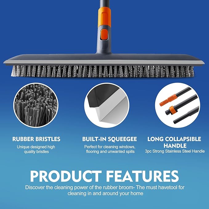 CLEANHOME Floor Scrubbing Brush with Squeegee/Handle,2-1 Bathroom Tile Cleaning Brush.Suitable for Cleaning Floors, Corner Gap, Patios,Indoor,Living Rooms, Swimming Pool .etc.