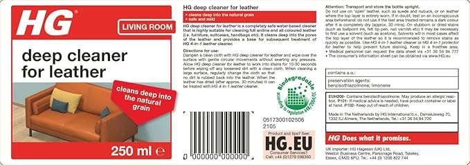 HG Deep Cleaner for Leather, Leather Cleaner & Faux Leather Cleaner, Safe & Mild for Coloured Leather, Water Based Bag, Boot, Jacket & Leather Sofa Cleaning Liquid - 250ml