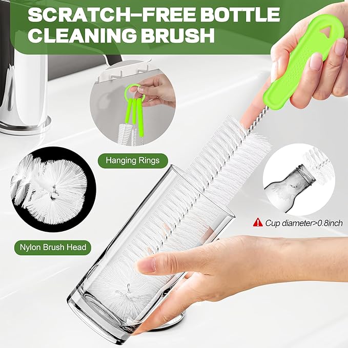 YUNGMAX Bottle Brush Cleaning Set, 3Pcs Long Handle Water Bottle & Straw Cleaner Brushes for Washing Baby Bottles, Drinks Mugs, Flasks, Cup Lids, Teapot Spouts