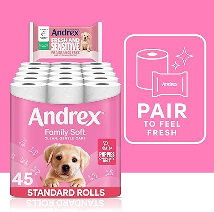 Andrex Family Soft Toilet Tissue 45 Rolls (Previously Andrex Gentle Clean) Gentle on your Family's skin– Bulk Pack of 45 Toilet Rolls, FSC Certified
